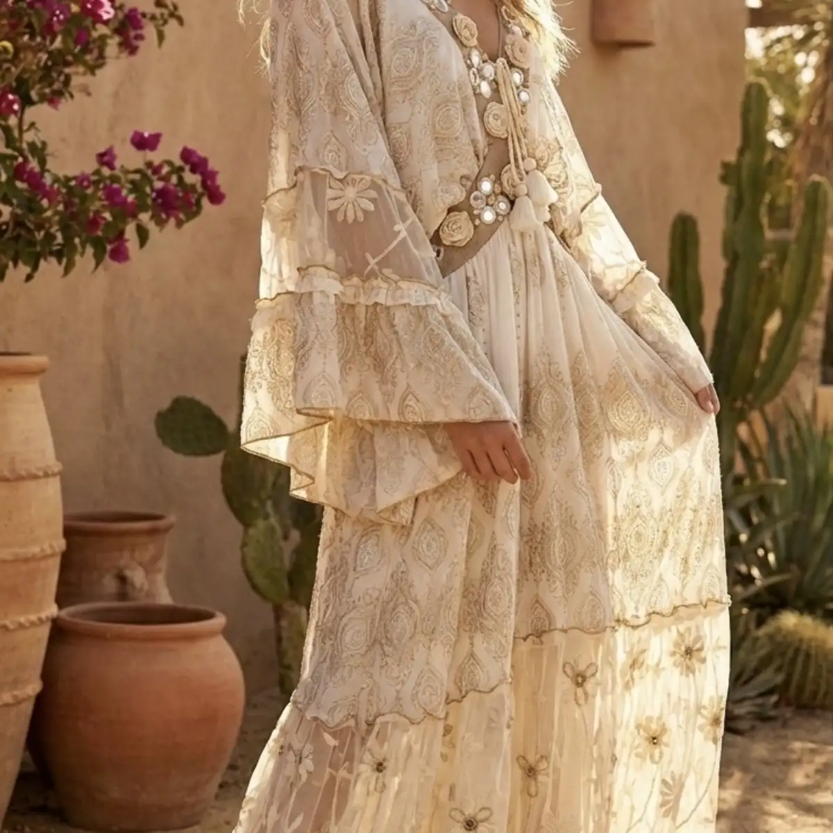Robe bohème chic beige lin blanc