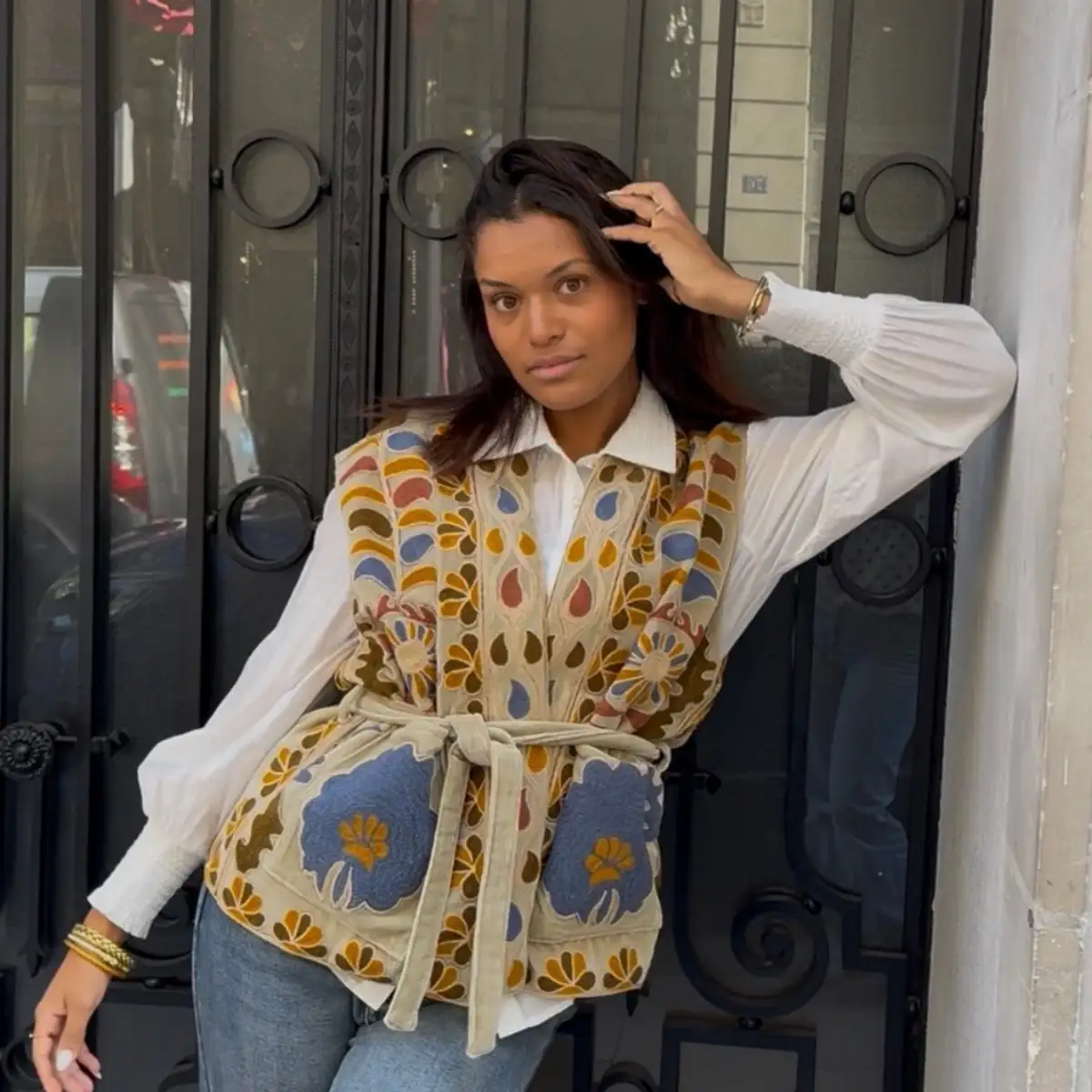 Gilet ceinture sans bouton doublé coton rayé