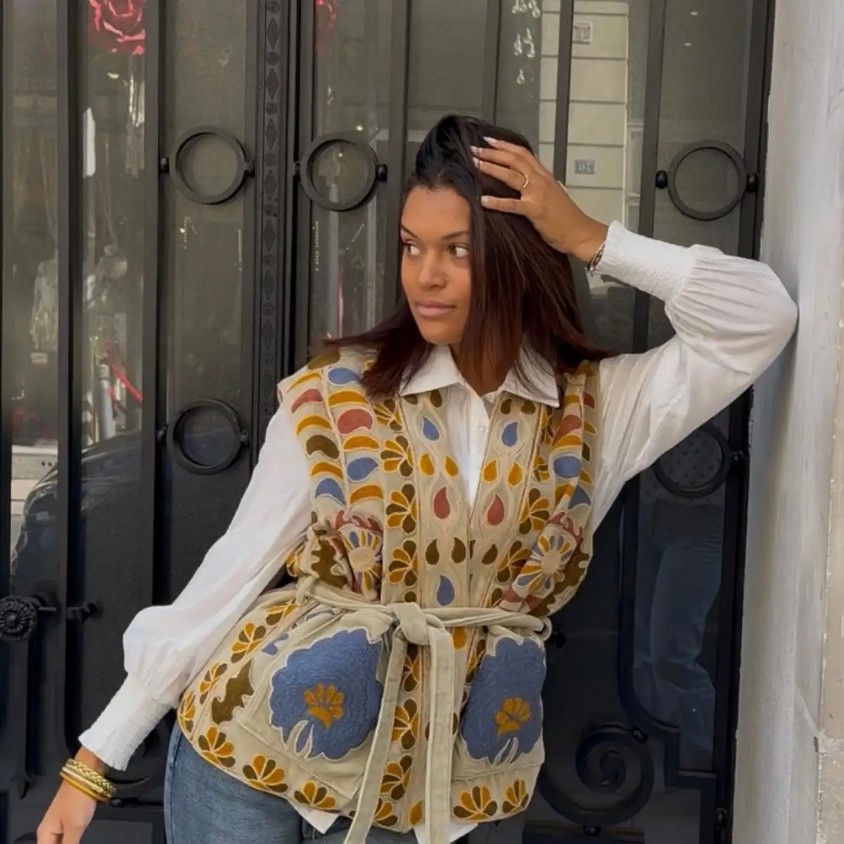 Gilet ceinture sans bouton doublé coton rayé